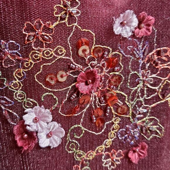 Romantic Womens Burgundy Red Tulle Dress with Floral Embellishments Size Small - Picture 4 of 16